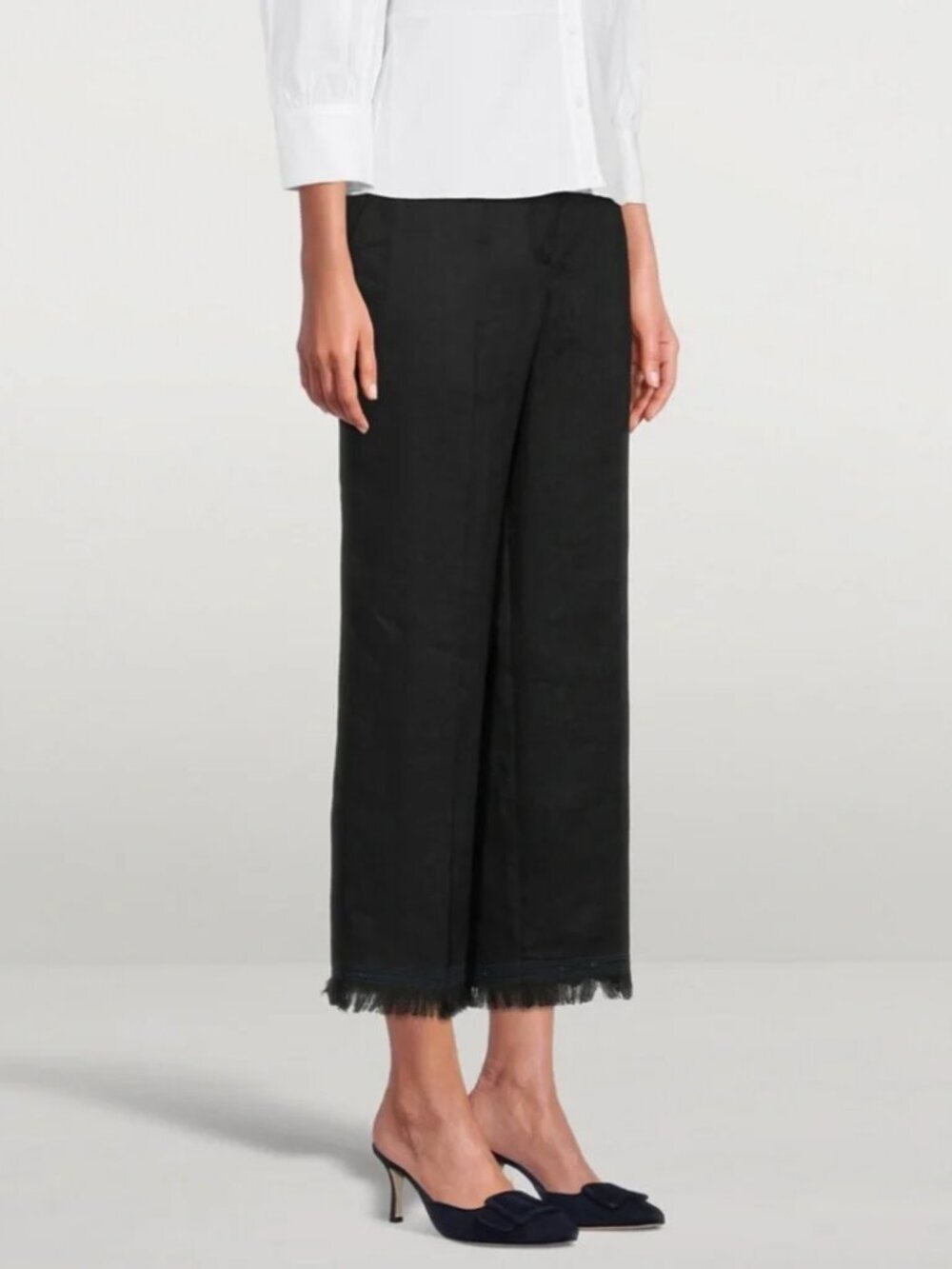 THEORY | Black Cropped Linen Pants with Fringe Hem, Size 8 - Picture 2 of 13